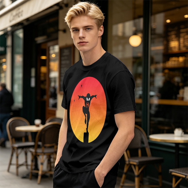 Olive T-Shirt with Spider-Man Silhouette Sunset Graphic