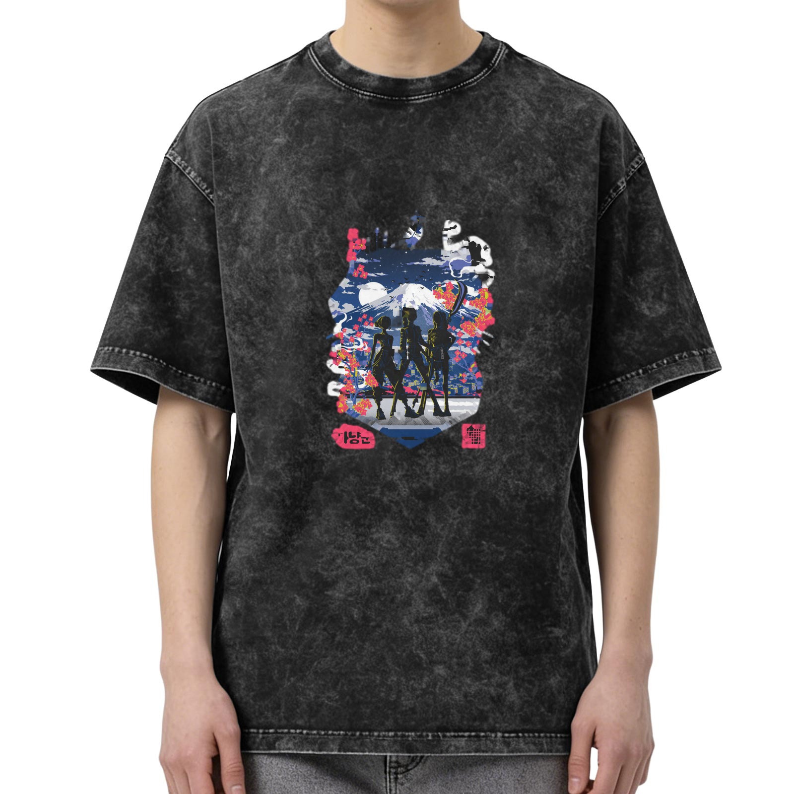 Oversized acid wash t-shirt with anime mountain and figure graphic