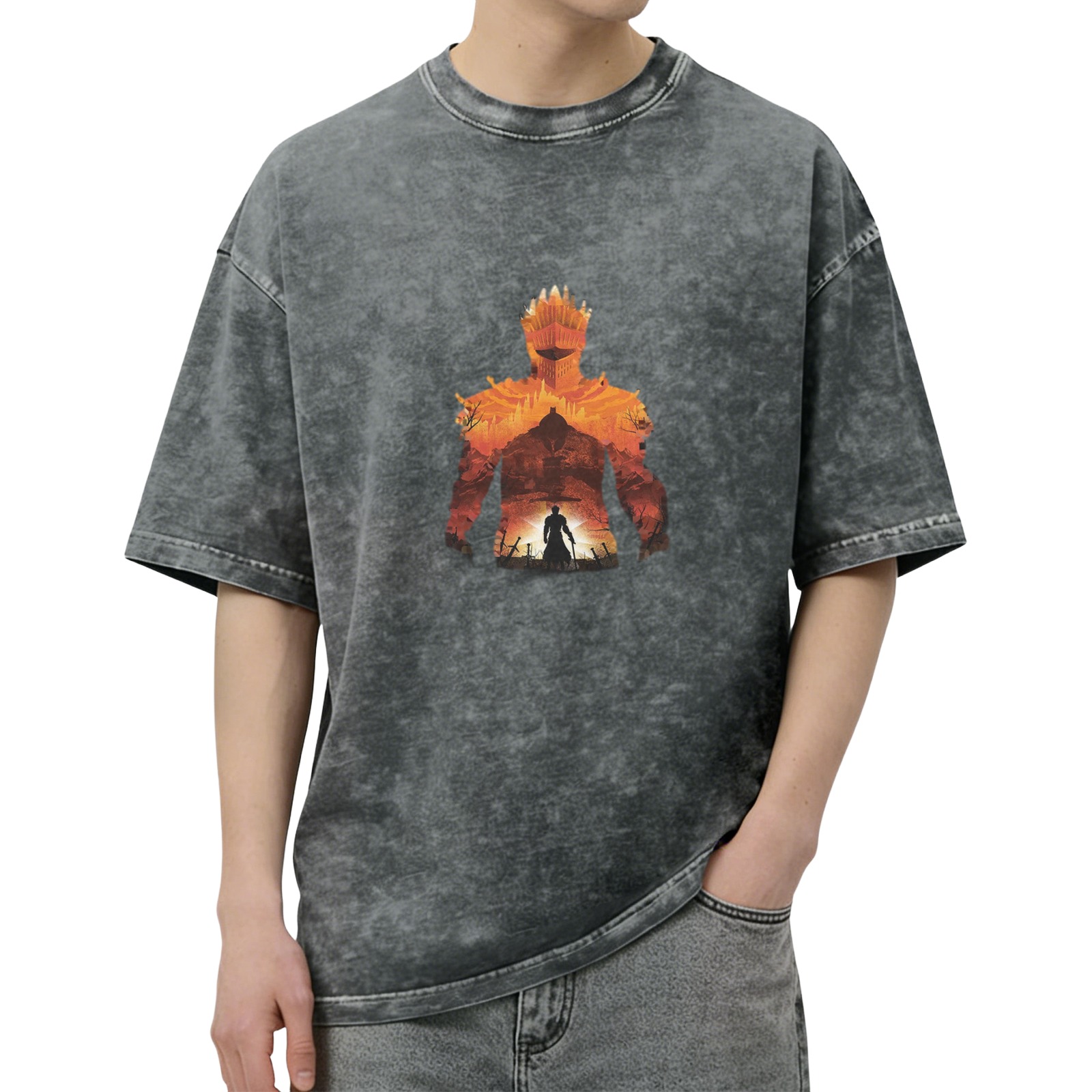 Distressed black short-sleeved T-shirt, game-themed print, loose style