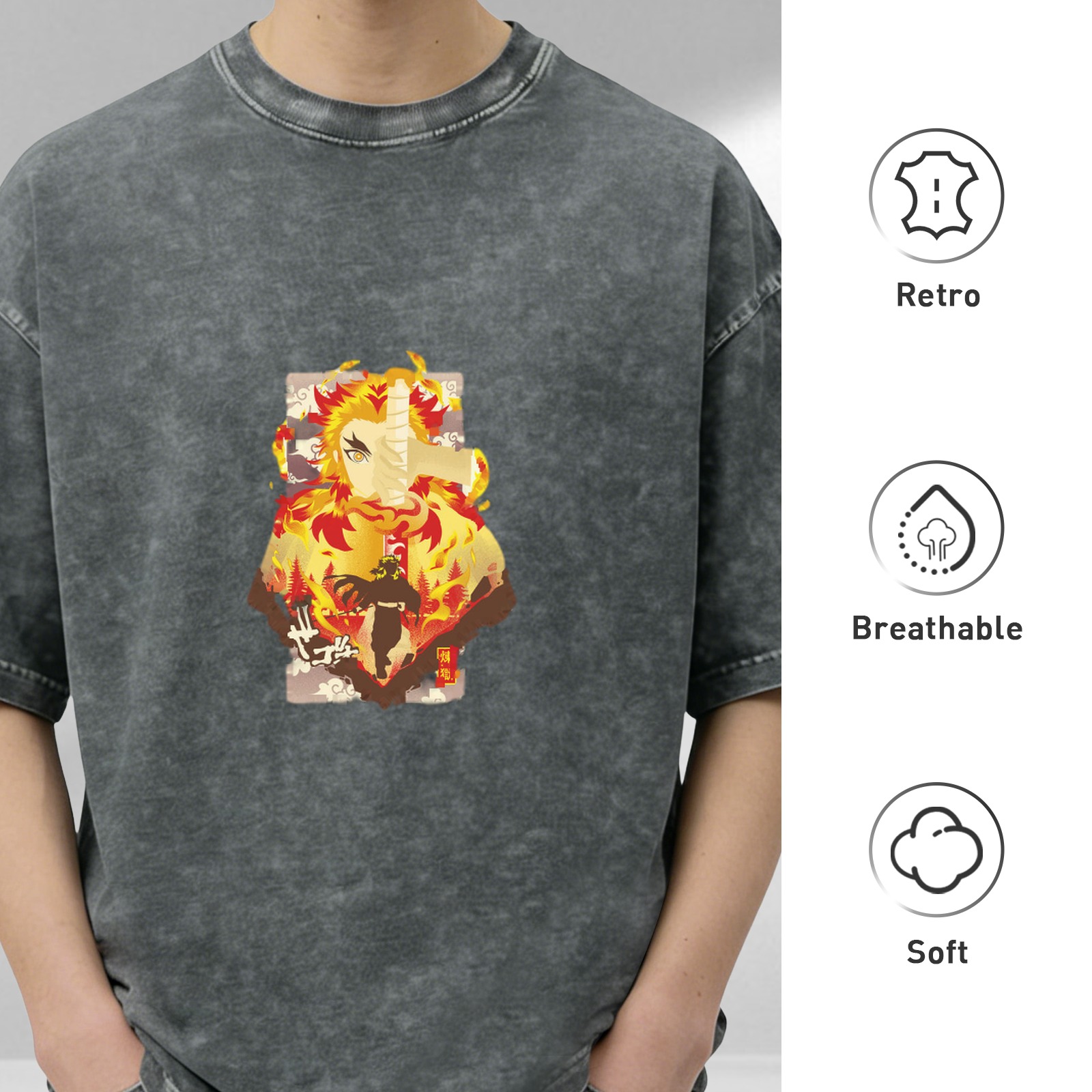 Demon Slayer Kyojuro Rengoku Flame Hashira Anime Graphic Oversized Vintage Wash T-Shirt