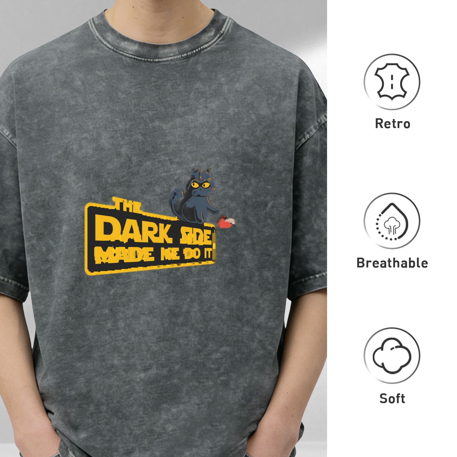 Oversized Acid-Wash T-Shirt with 'The Dark Side Made Me Do It' Cat Graphic Print