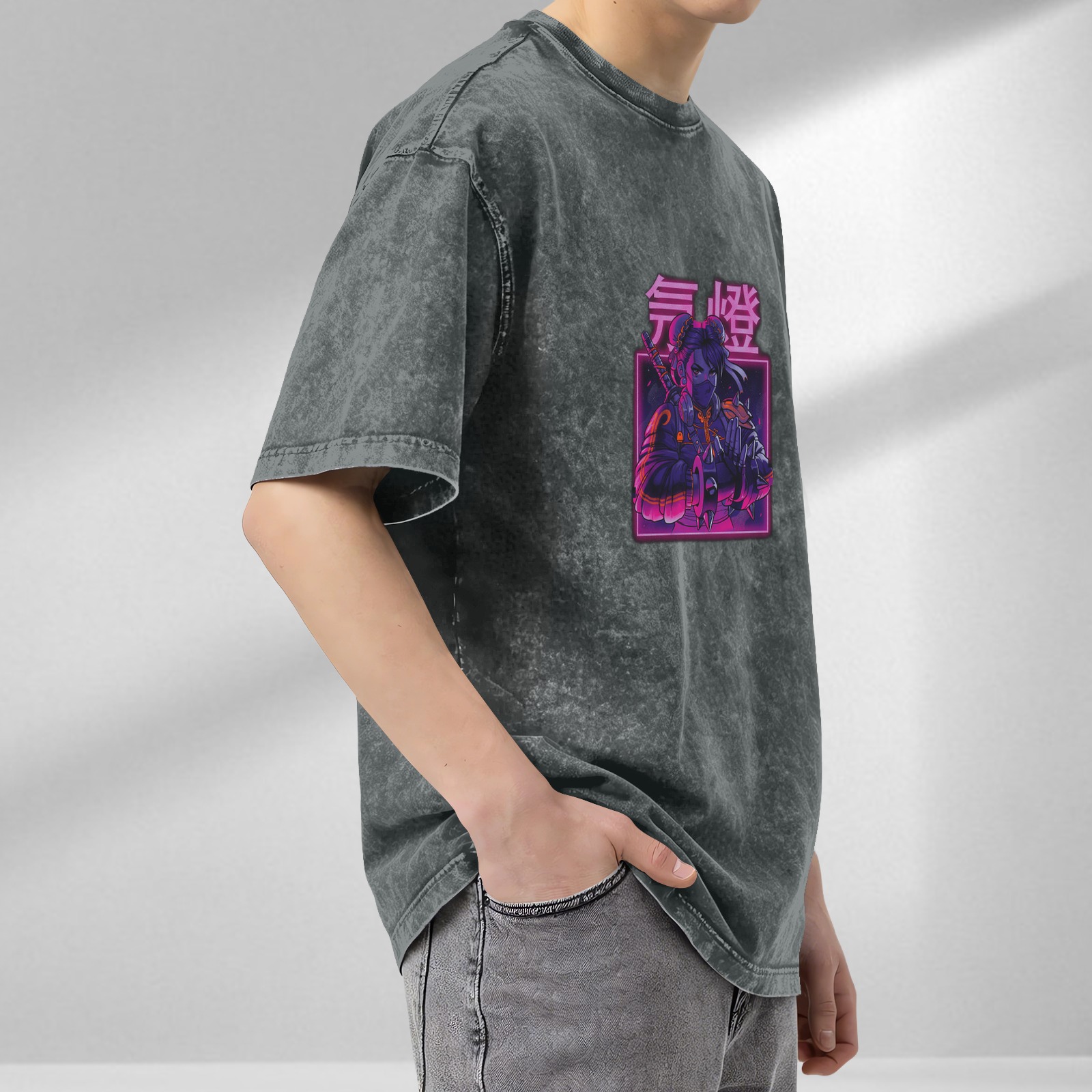 Distressed washed black loose short-sleeved T-shirt Cyberpunk style anime ninja print Japanese text design Street fashion casual top