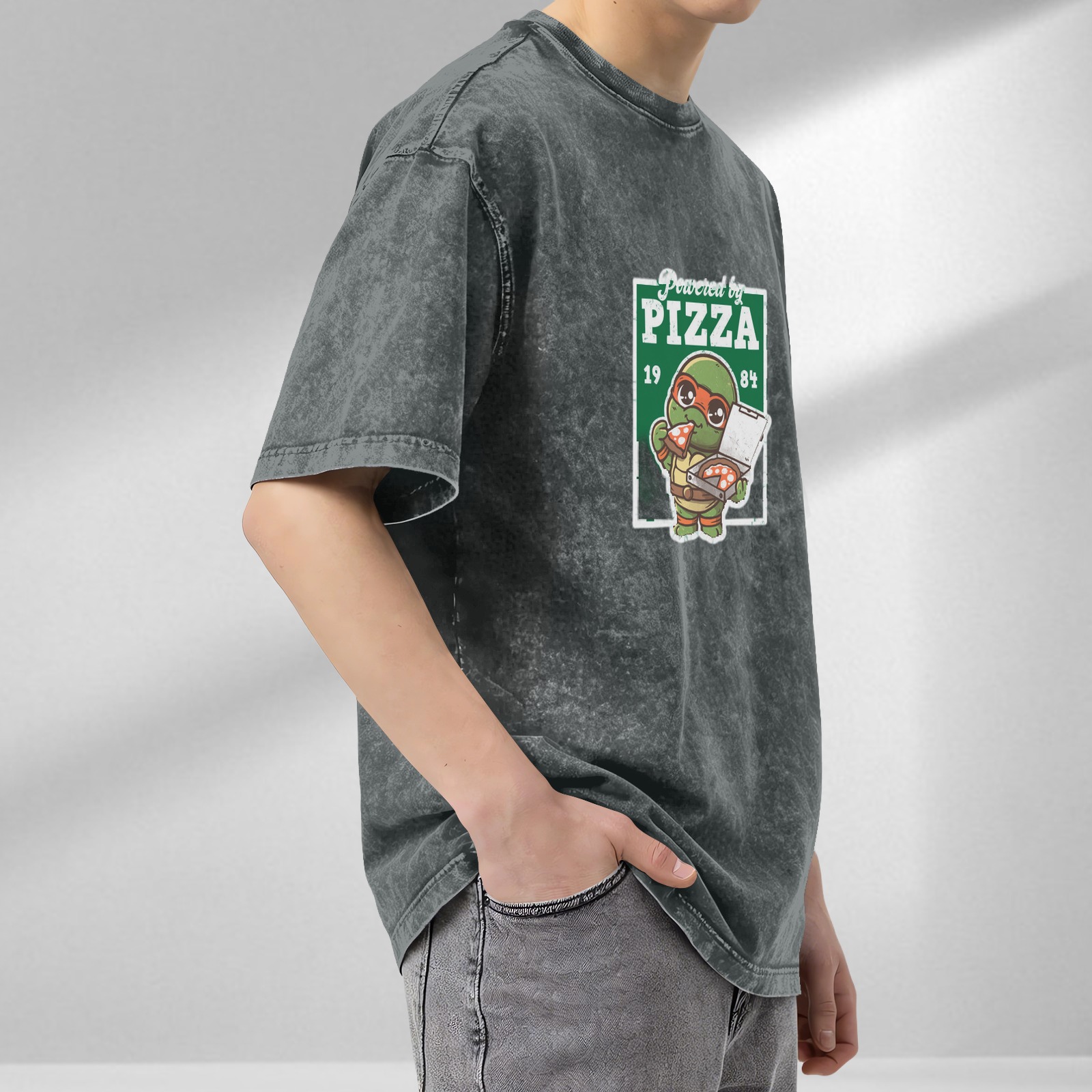 Powered by Pizza Teenage Mutant Ninja Turtle Graphic Acid Wash T-Shirt