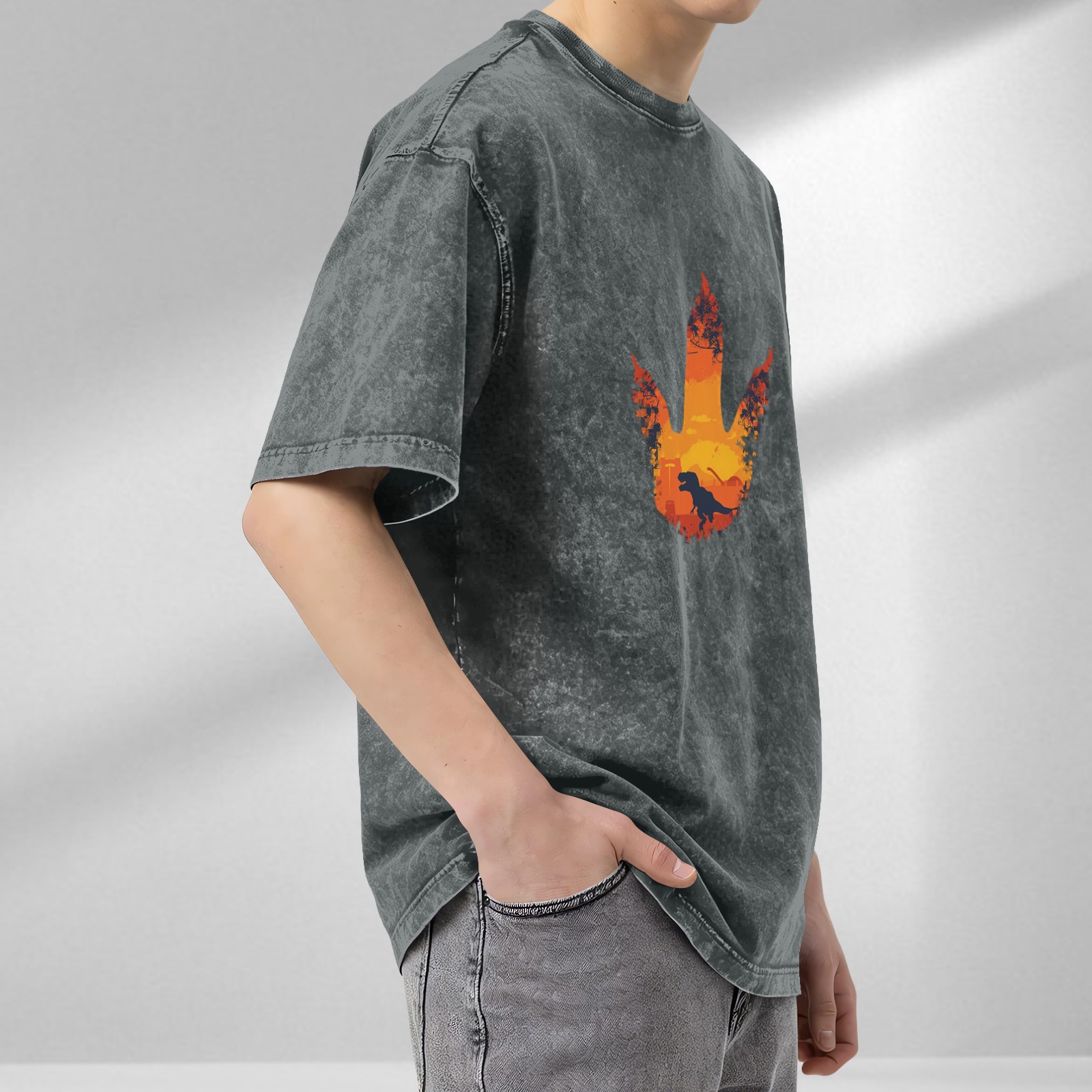 Washed Black Oversized T-Shirt with Dinosaur Footprint Sunset Graphic