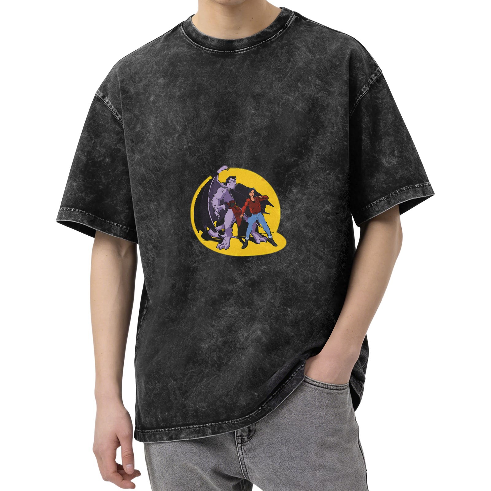 Washed Black T-Shirt with Gargoyles Cartoon Character Graphic