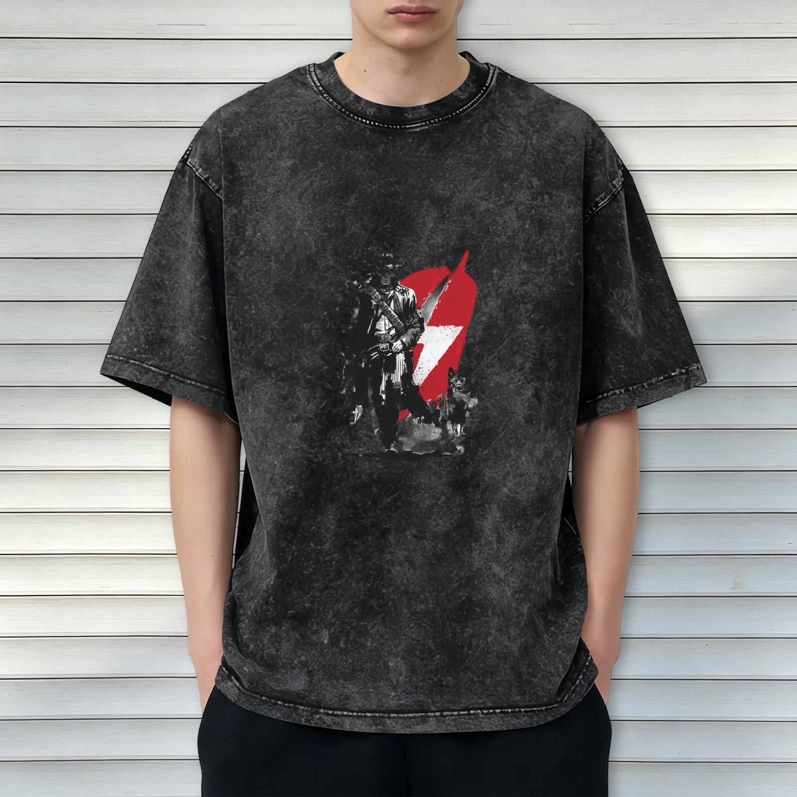 Distressed washed black loose short-sleeved T-shirt with retro pirate style graphic print