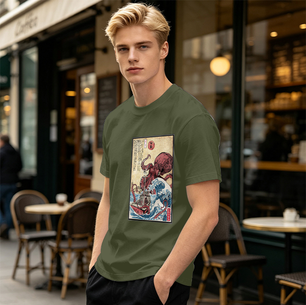Olive T-shirt with Japanese octopus and wave woodblock print