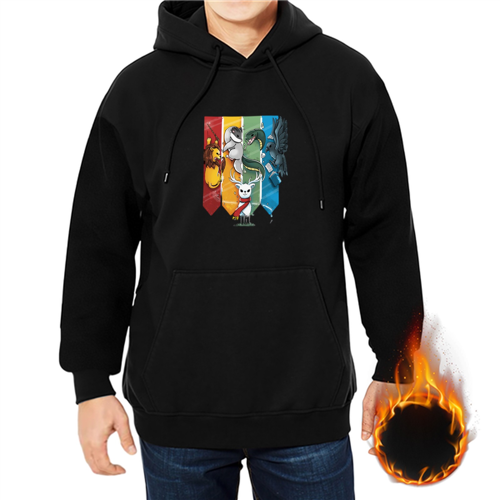 Black hoodie with Harry Potter house mascots graphic