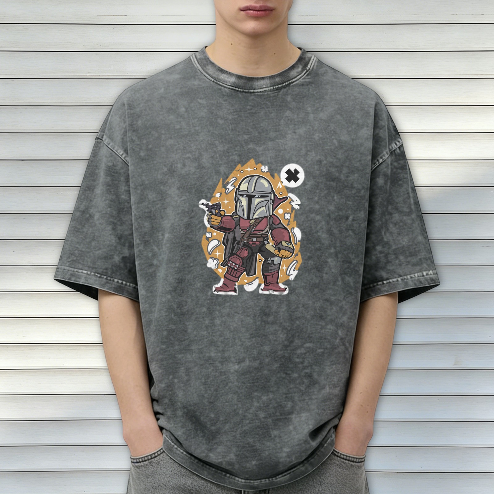 Washed Black T-Shirt with Chibi Mandalorian Graphic Print