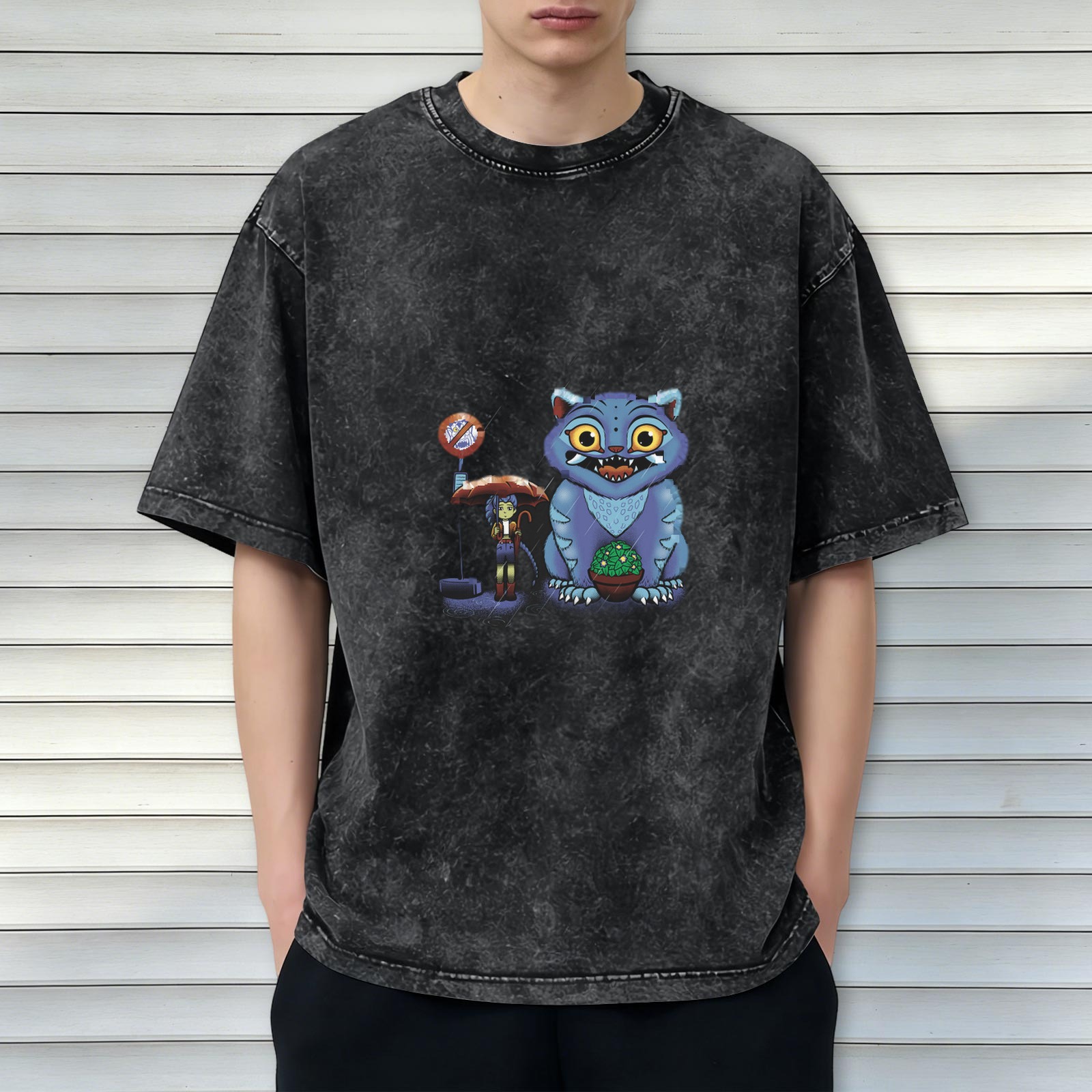 Distressed black loose short-sleeved T-shirt Cartoon blue cat monster print design Personalized trendy casual top