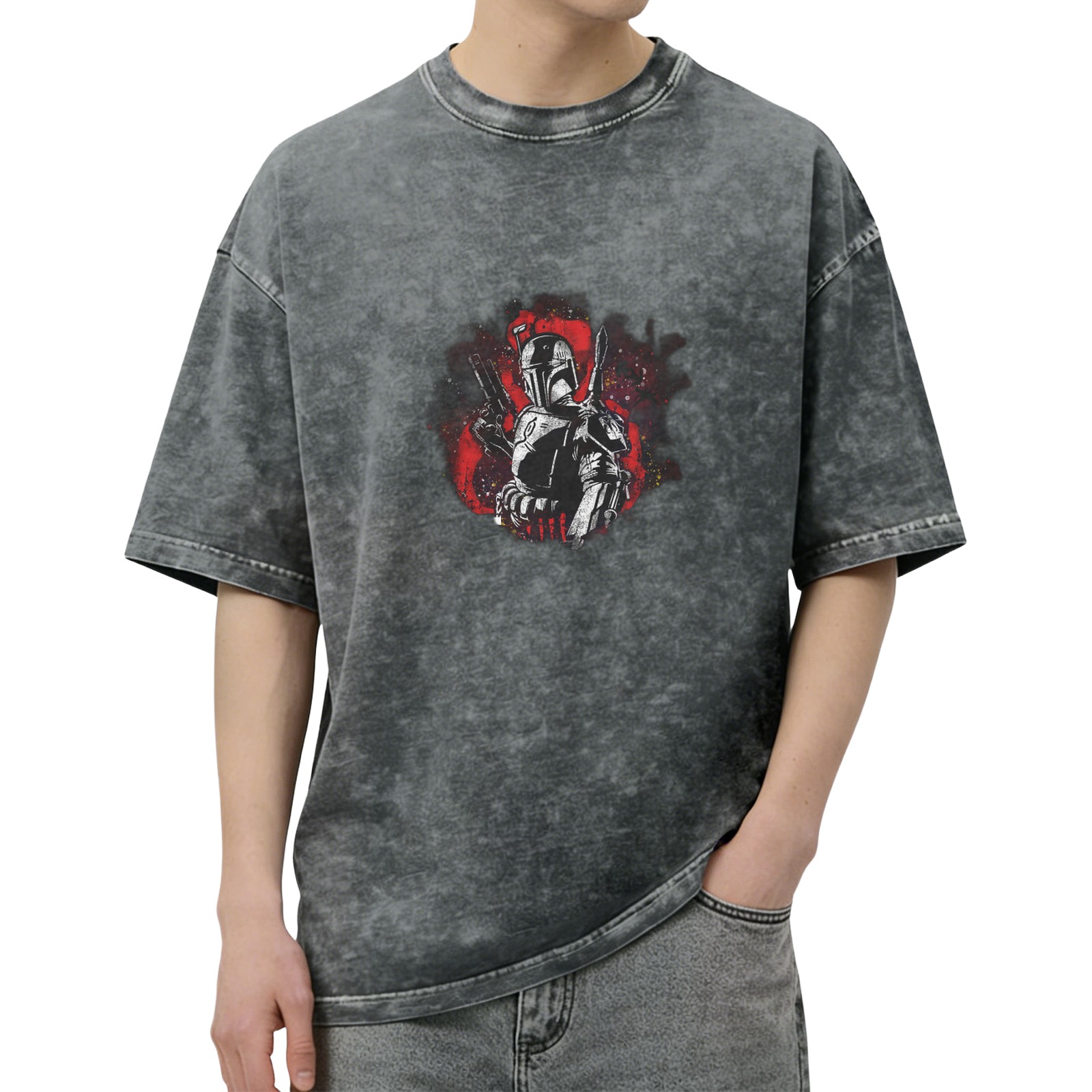Washed black graphic t-shirt with armored bounty hunter print