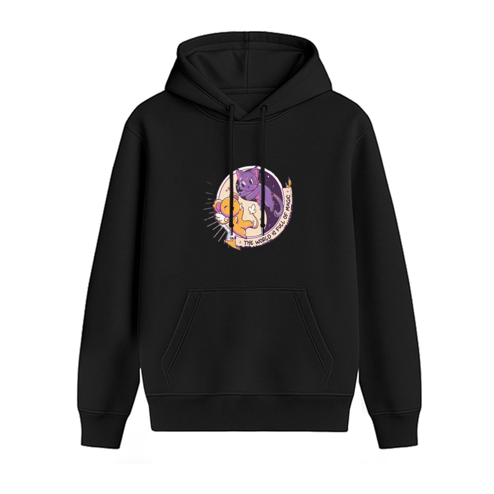 Black hoodie with magical cat and bear graphic print