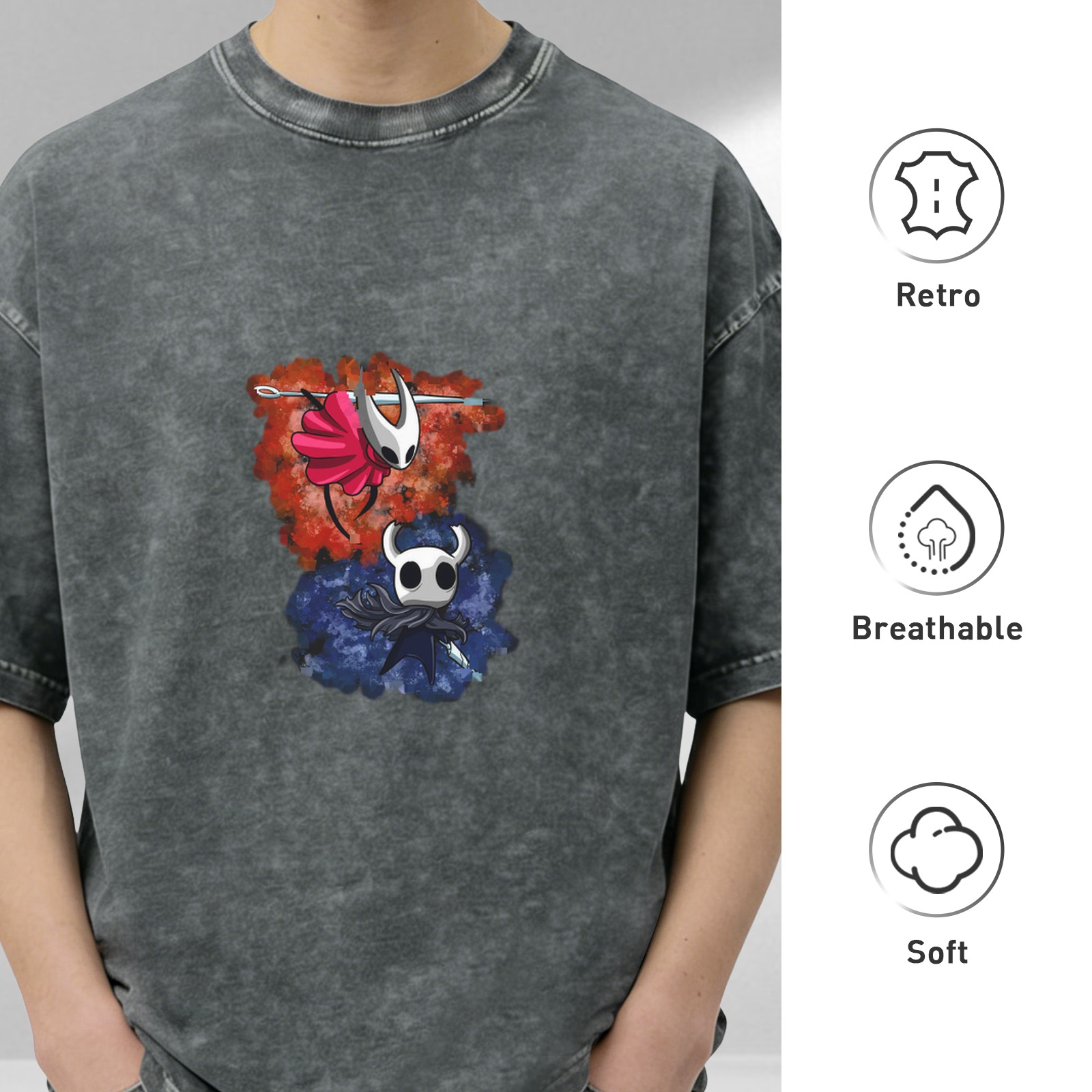 Hollow Knight Themed Washed Black Graphic T-Shirt