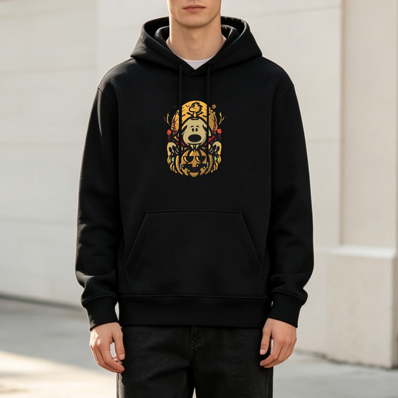 Black hoodie with Snoopy and Woodstock Halloween pumpkin graphic