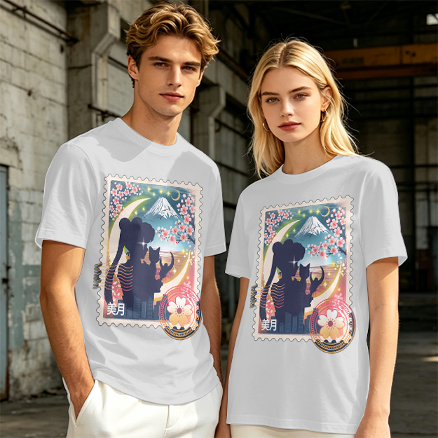 Olive T-shirt with Japanese stamp-style anime graphic print
