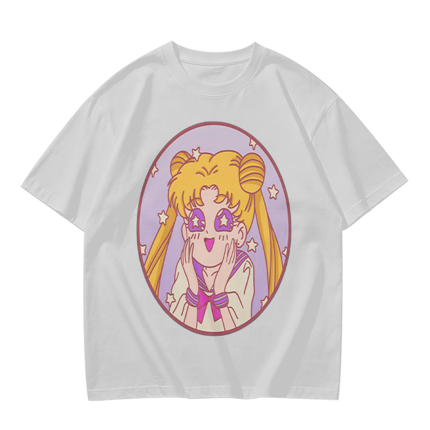 Olive T-shirt with excited anime girl star eyes graphic