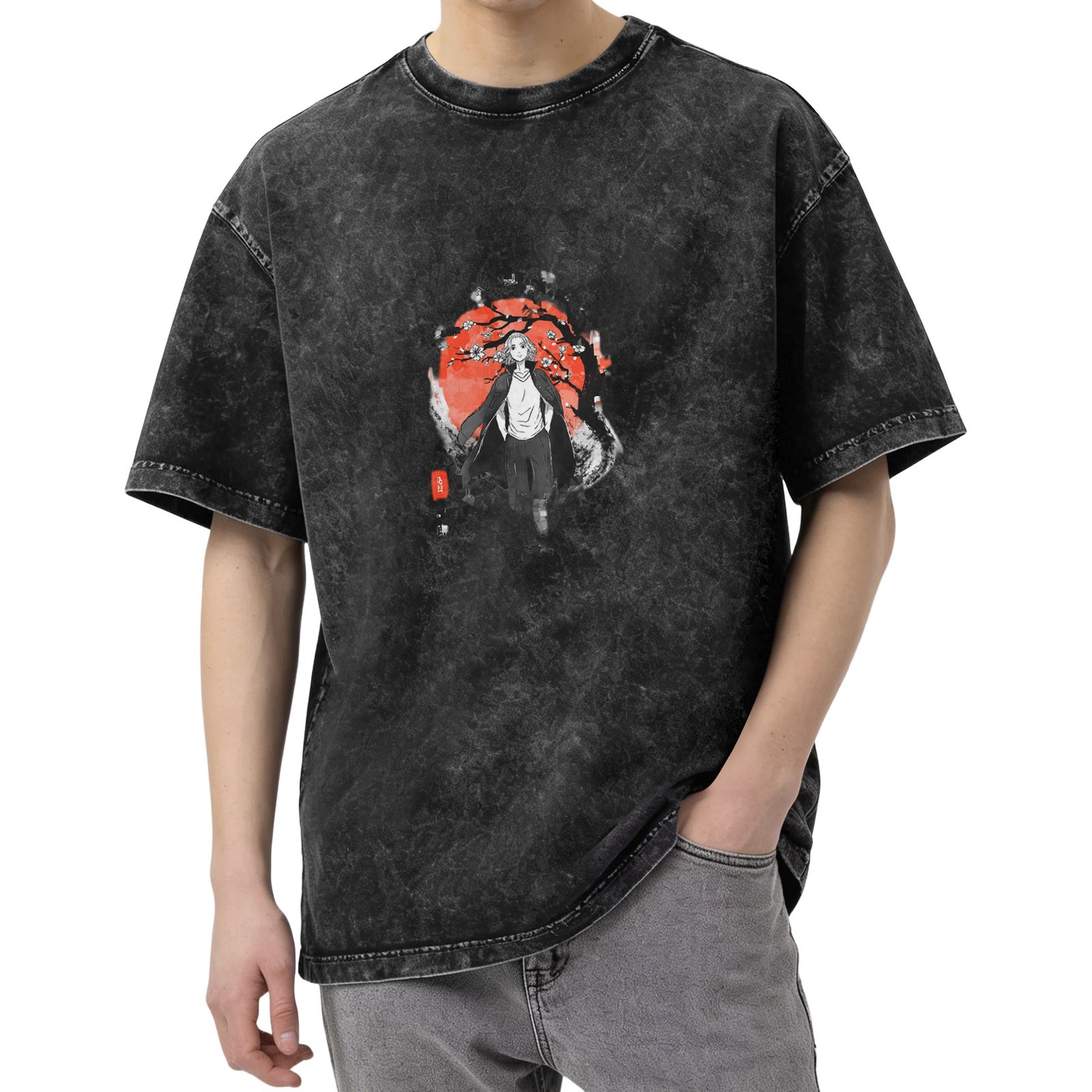 Distressed washed black round neck short-sleeved T-shirt Anime character cherry blossom and red moon printed loose top