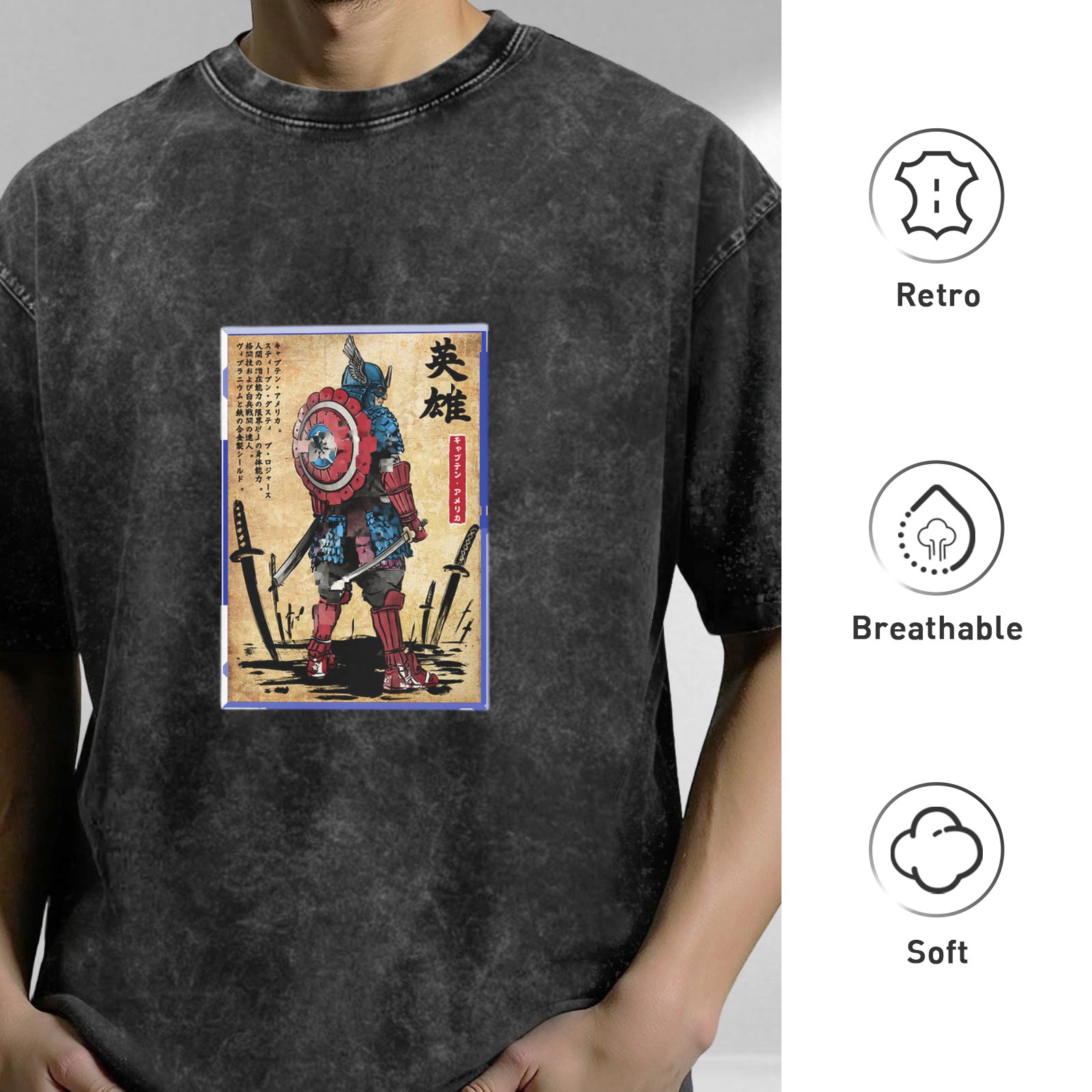 Washed Black T-Shirt with Samurai Captain America Hero Graphic