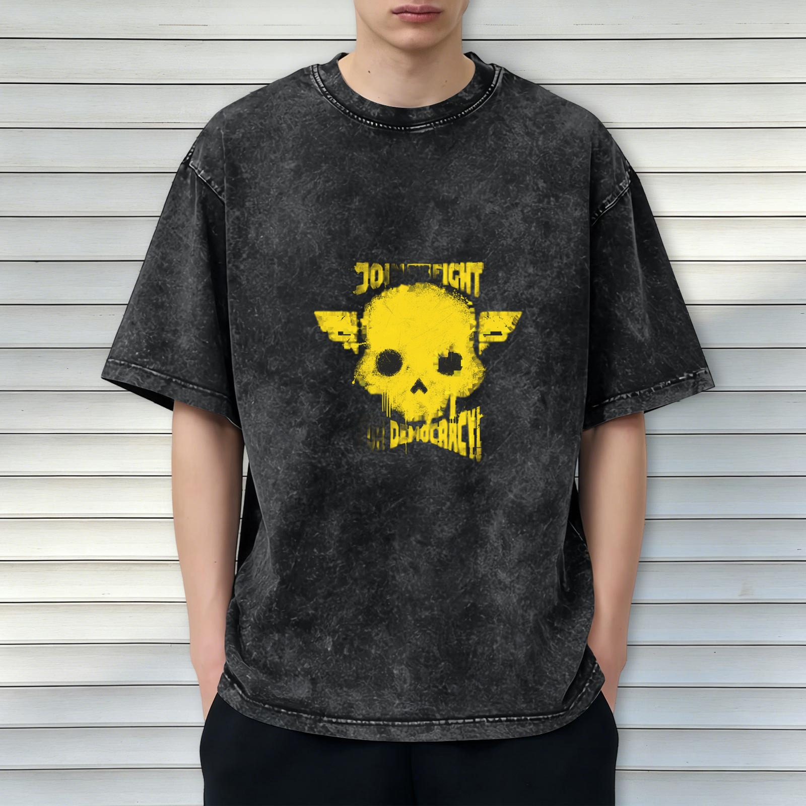 Distressed washed black short-sleeved T-shirt Hellraiser 2 Join Fight Democracy skull printed loose top