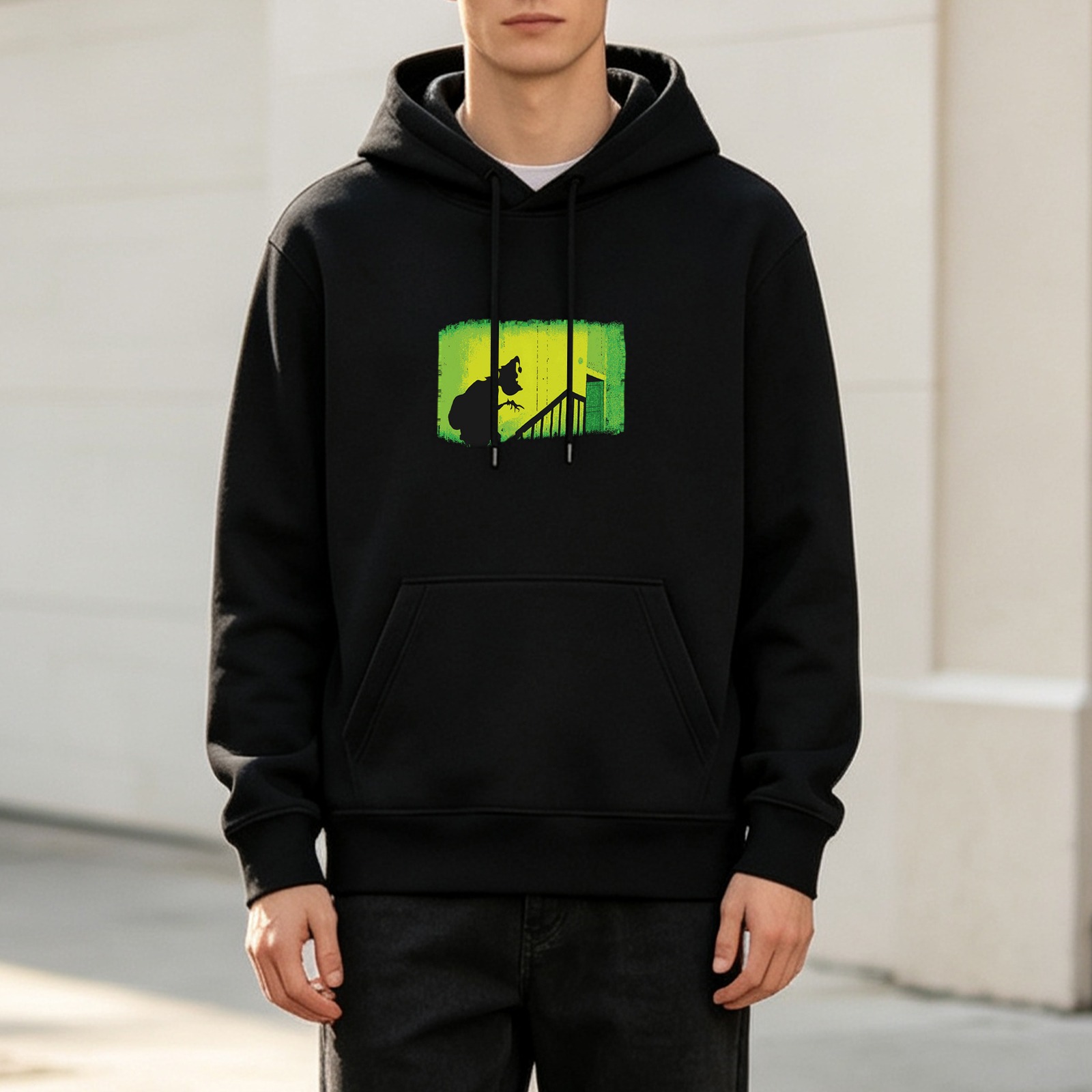 Black hoodie with eerie silhouette stairway graphic print
