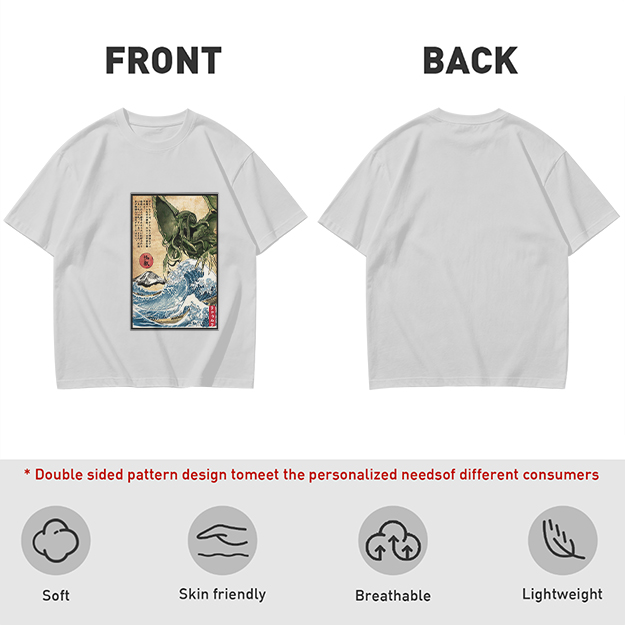 Olive T-shirt with Japanese ukiyo-e style Cthulhu wave print