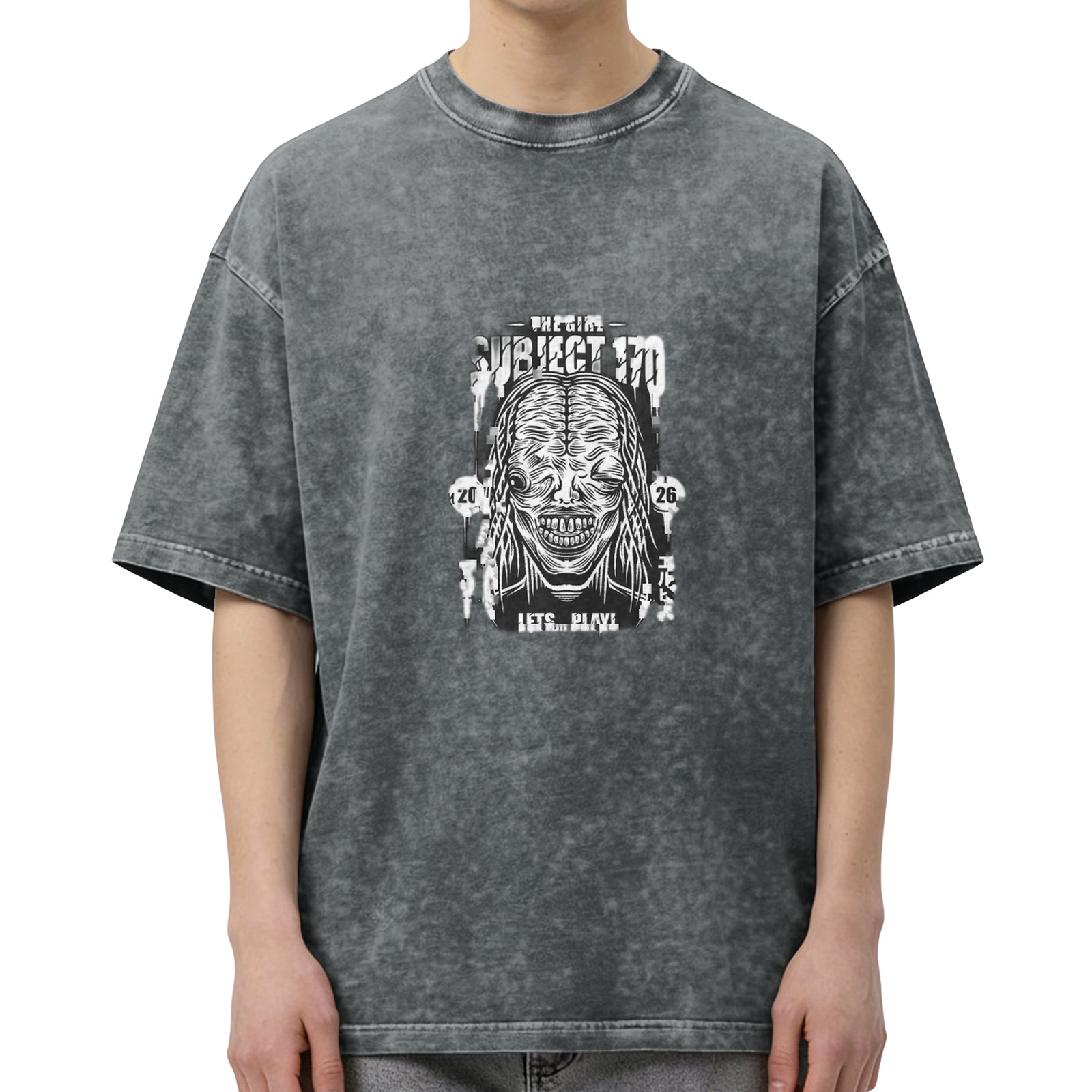 Oversized Dark Wash T-Shirt with Subject 170 Horror Graphic Print