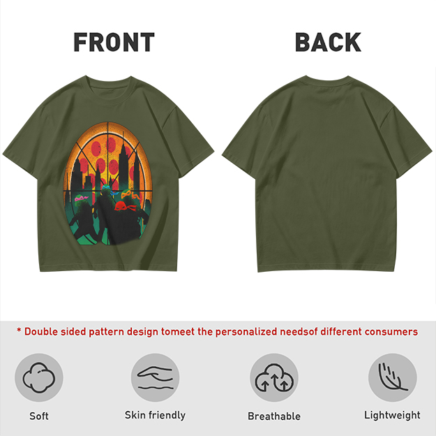 Olive T-Shirt With Ninja Turtles Pizza City Silhouette Print
