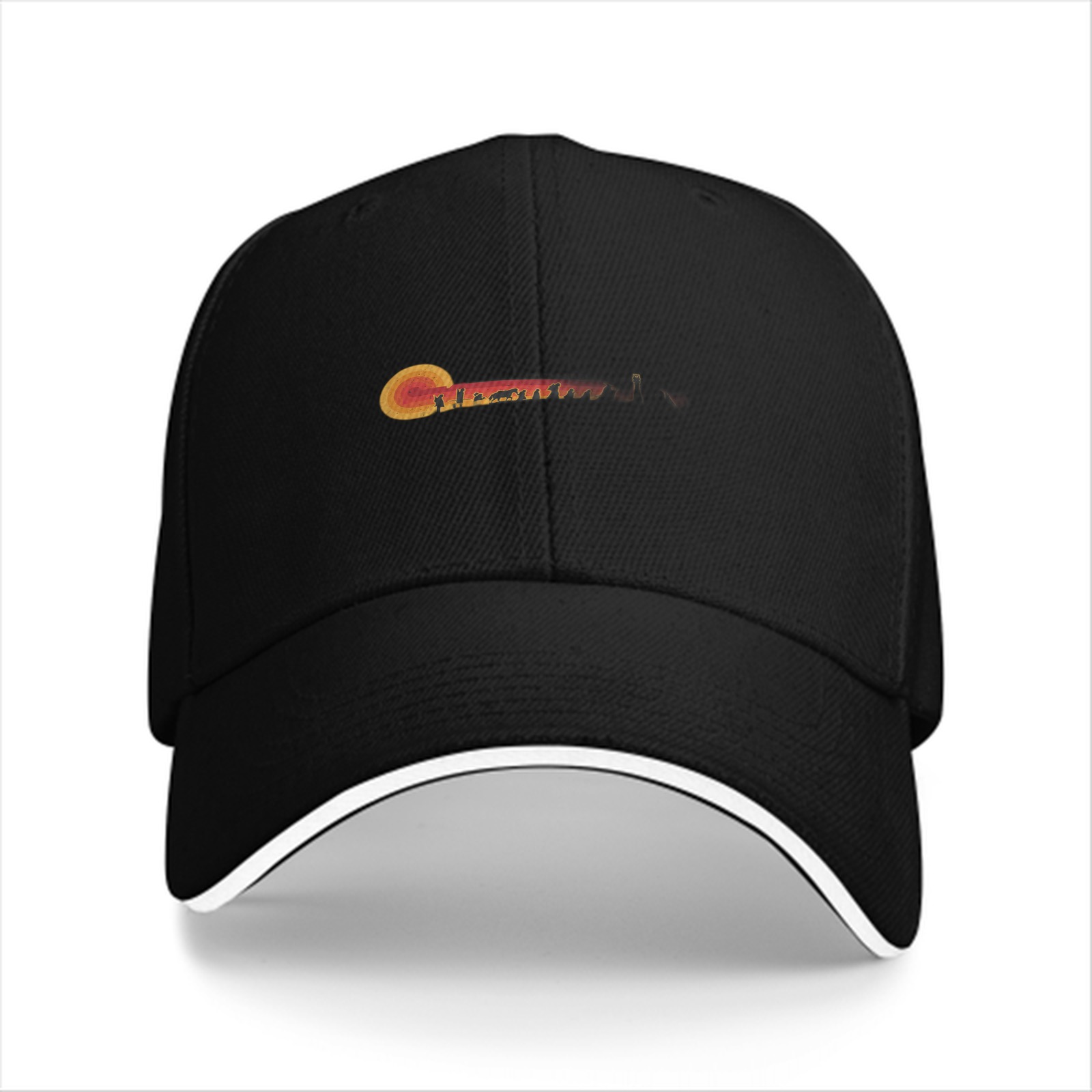 Black Baseball Cap with Sunset Landscape Graphic Design