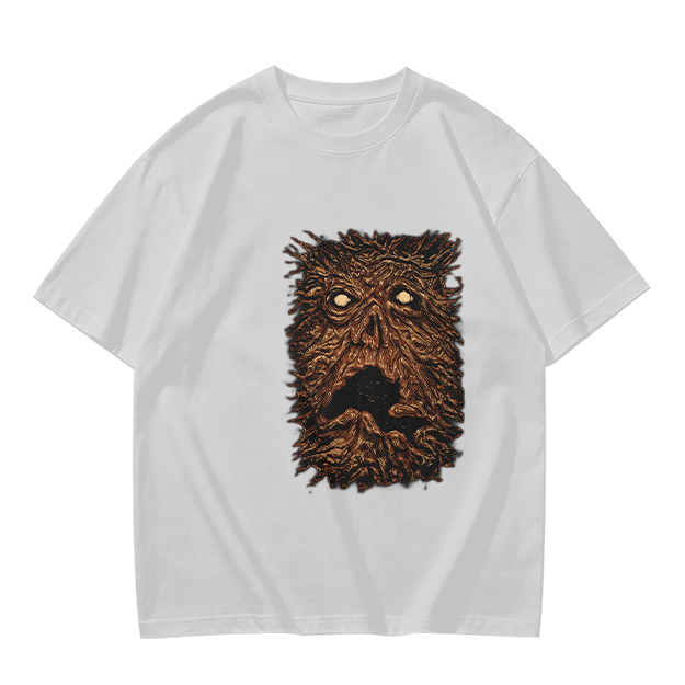 Olive Green T-Shirt with Spooky Tree Monster Face Print