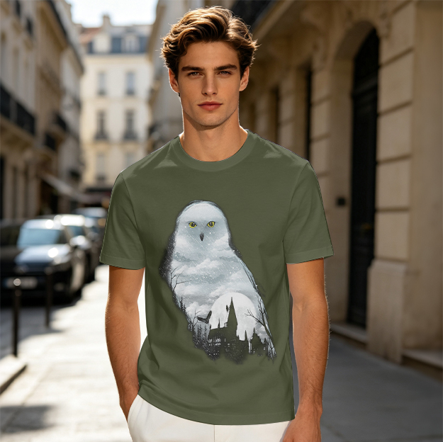 Olive Green T-Shirt With Snowy Owl Graphic Print