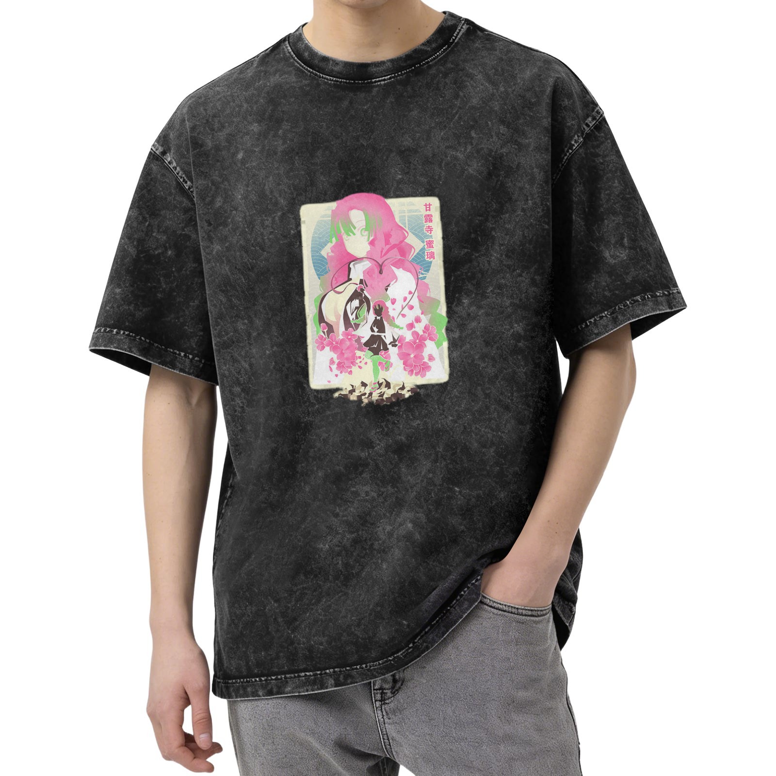 Oversized Black Acid Wash T-Shirt with Anime Character Graphic