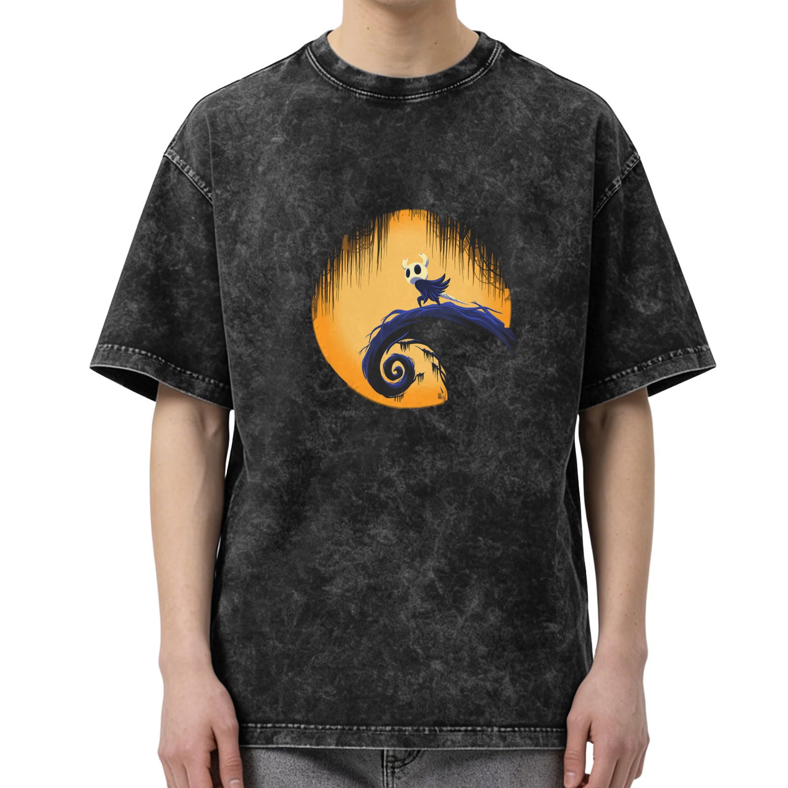 Hollow Knight Spiral Tree Graphic Dark Wash Cotton T-Shirt