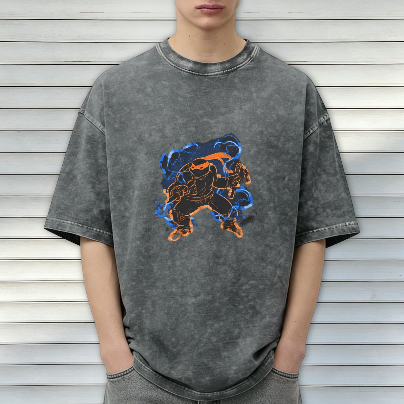 Oversized Dark Wash T-Shirt With Neon Ninja Turtle Graphic