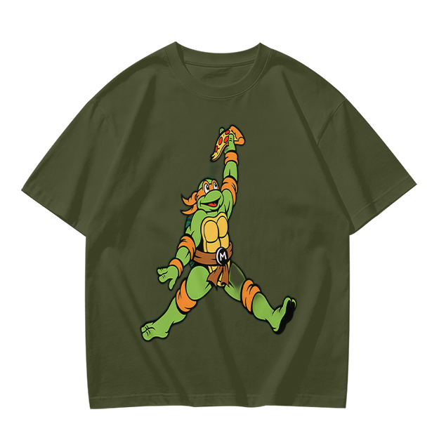 Olive T-Shirt with Michelangelo Ninja Turtle Holding Pizza Print