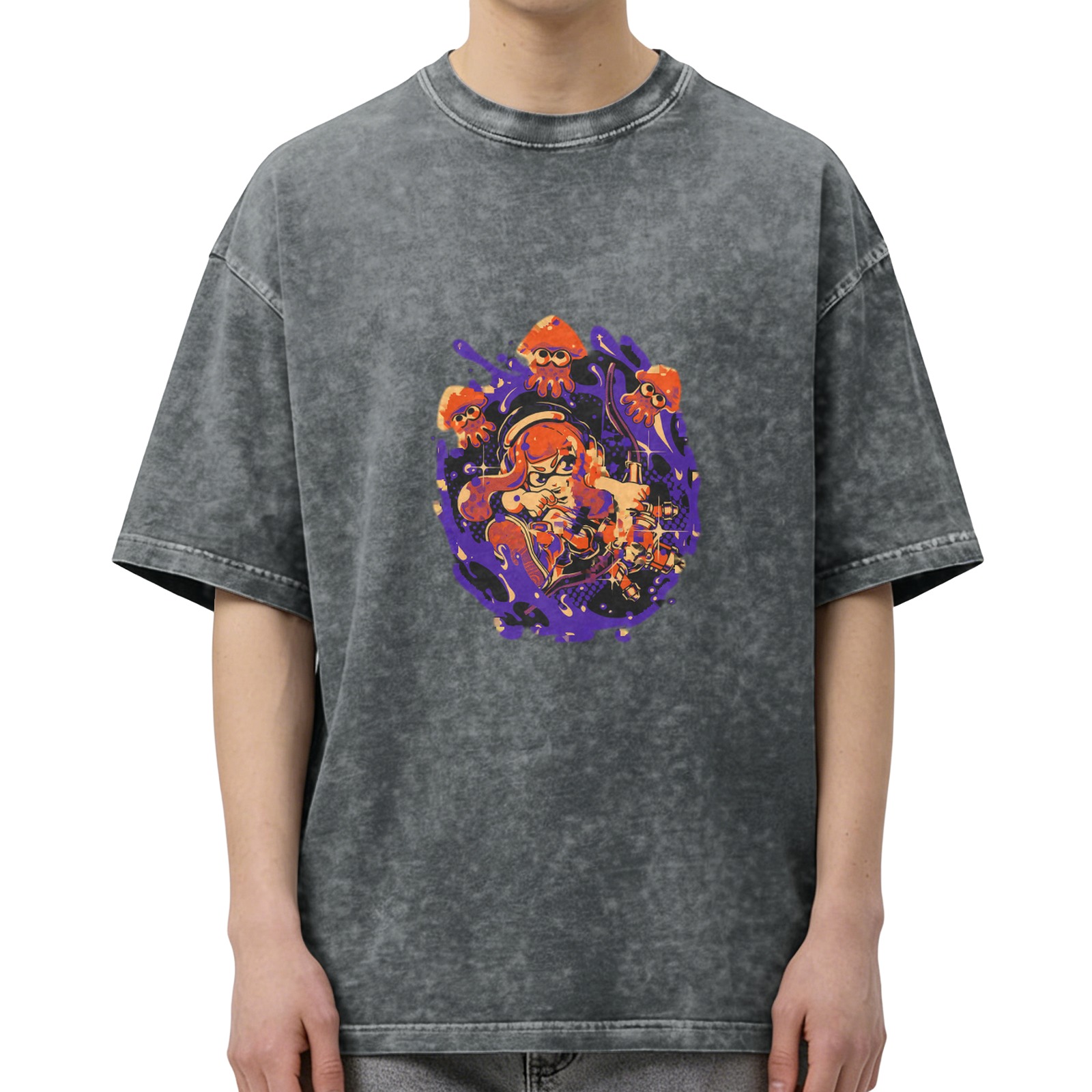 Washed black graphic t-shirt with Splatoon style inkling and squid design