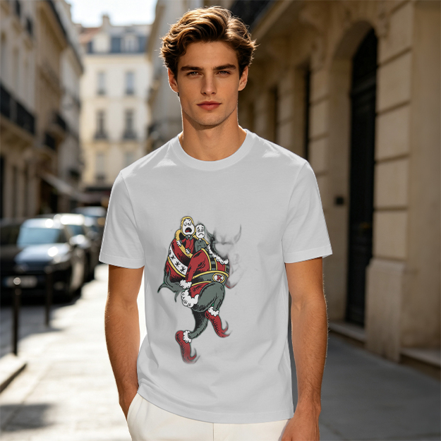 Olive T-shirt with distressed cartoon Santa Claus graphic
