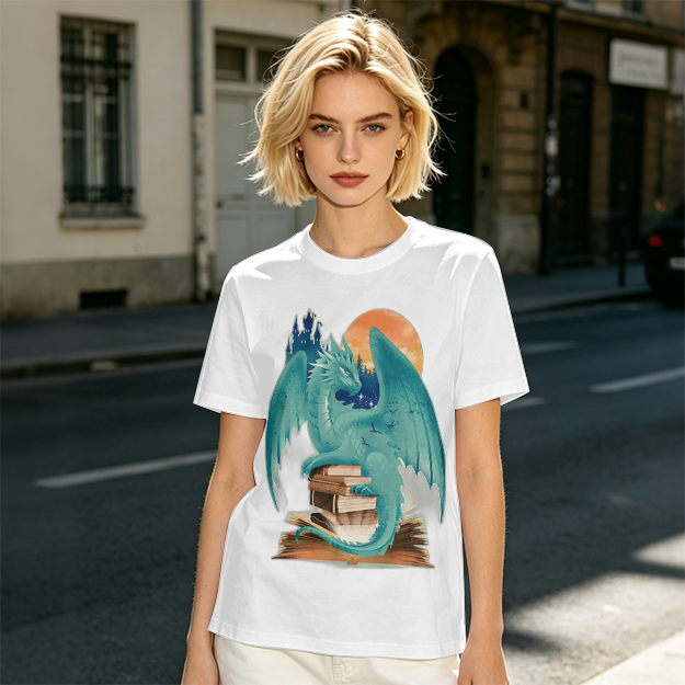 Teal Dragon Perched on Stacked Books Fantasy Graphic T-Shirt