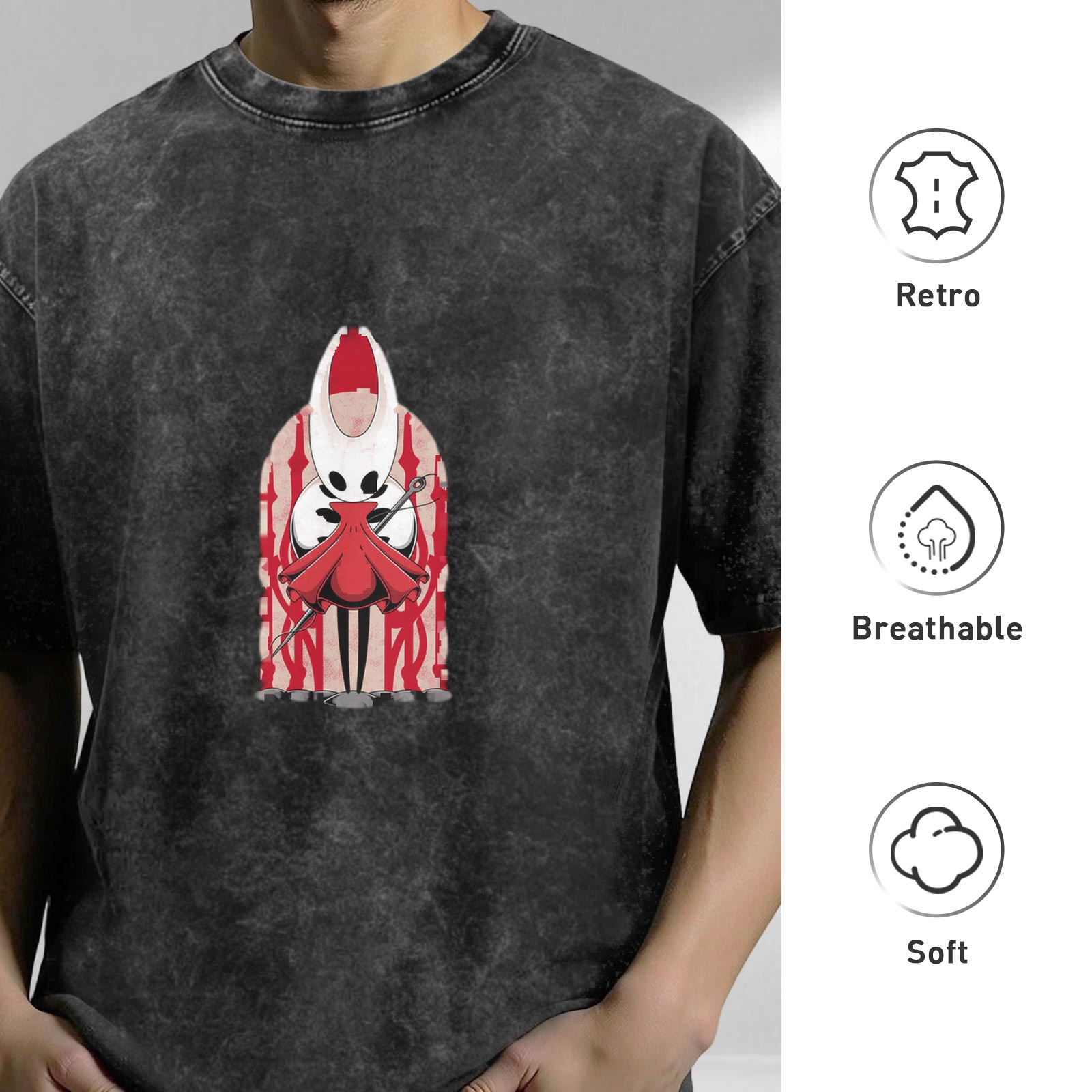 Hollow Knight themed distressed washed black loose short-sleeved T-shirt