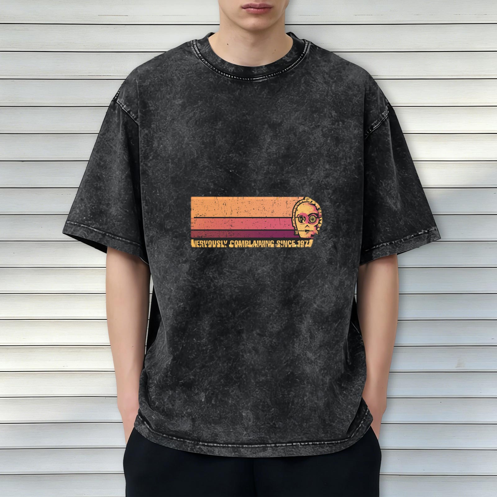 Washed Black Graphic T-Shirt with Nervously Complaining Since 1977 Print