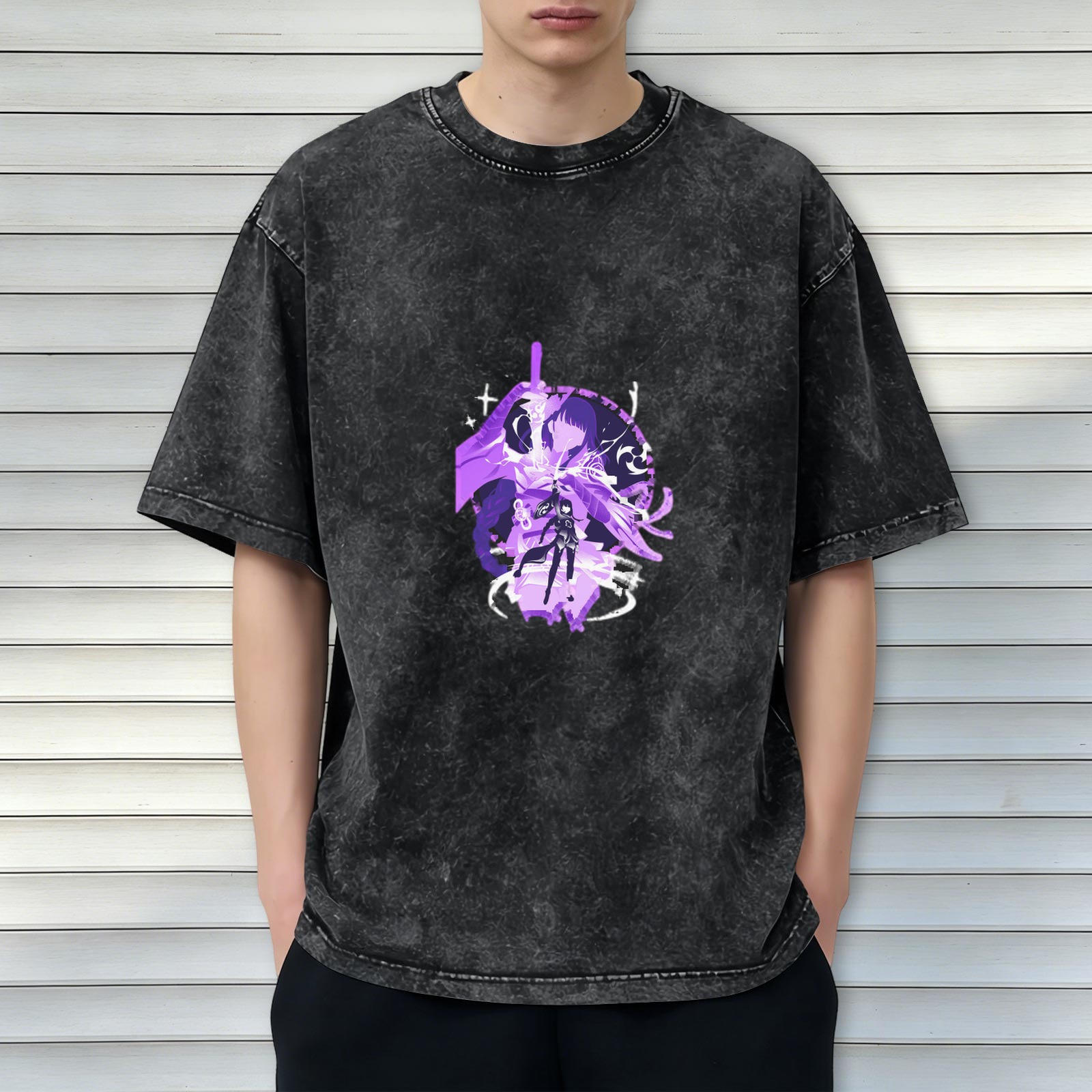 Washed Black T-Shirt with Purple Anime Character Graphic Print