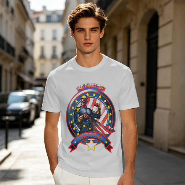 Olive t-shirt with patriotic superhero 'Make America Super' graphic