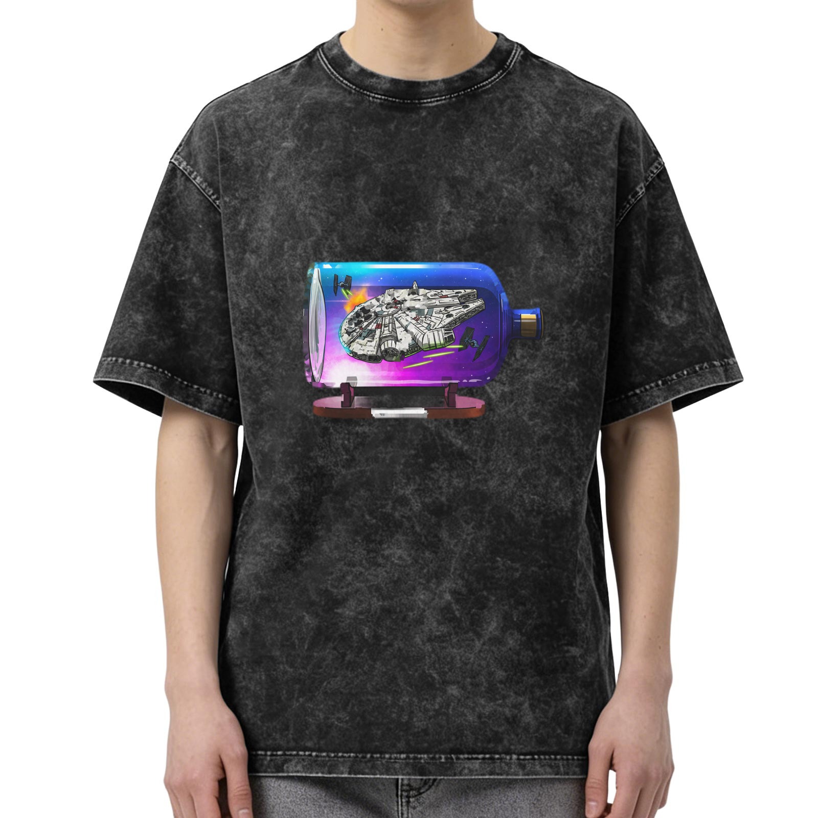 Oversized Acid Wash T-Shirt with Spaceship in Bottle Graphic