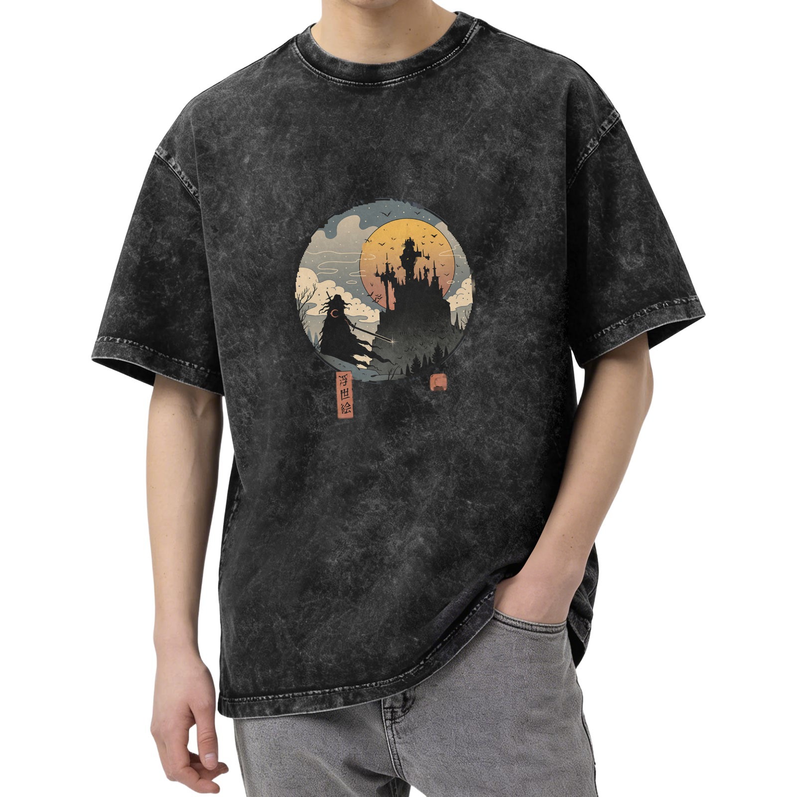Distressed washed black round neck short-sleeved T-shirt Ukiyo-e style dark castle samurai pattern top