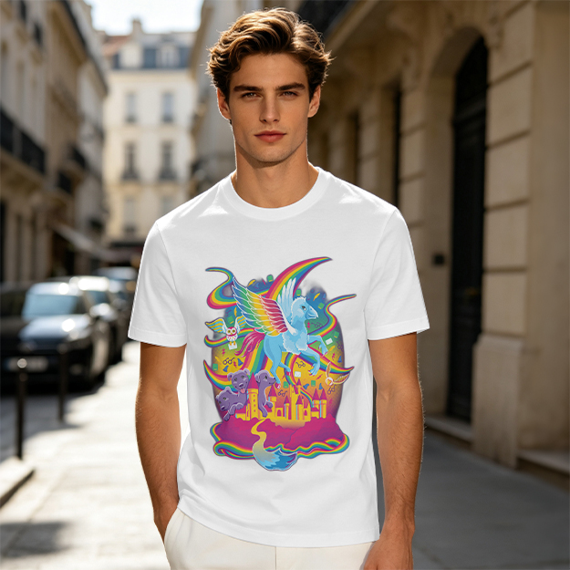 Olive T-Shirt With Whimsical Rainbow Fantasy Creature Castle Art