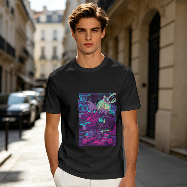 Olive T-shirt with Neon Cyberpunk Anime Character Print