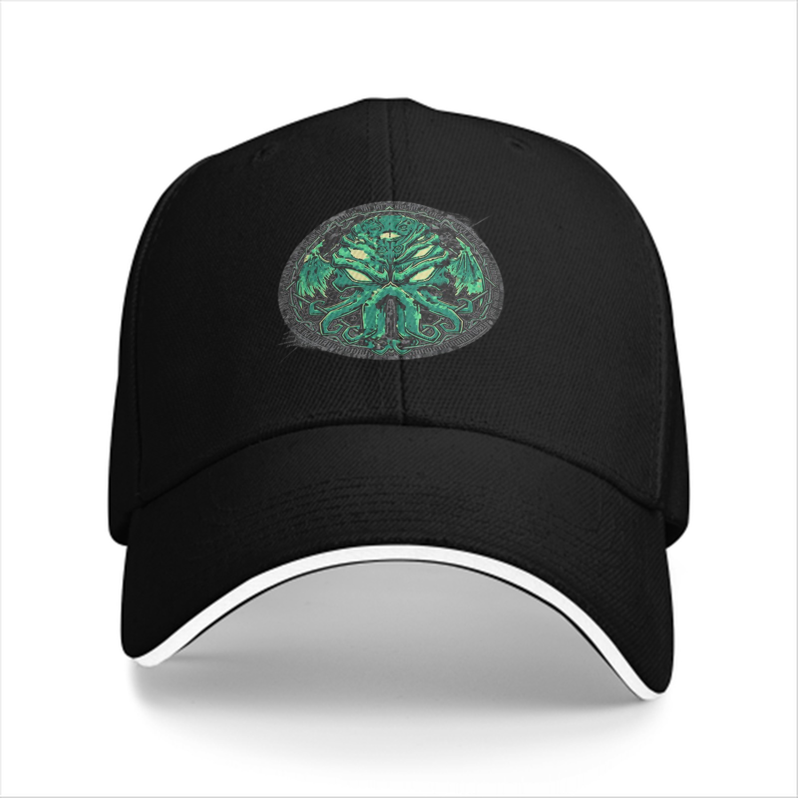 Black Baseball Cap with Green Cthulhu Monster Emblem