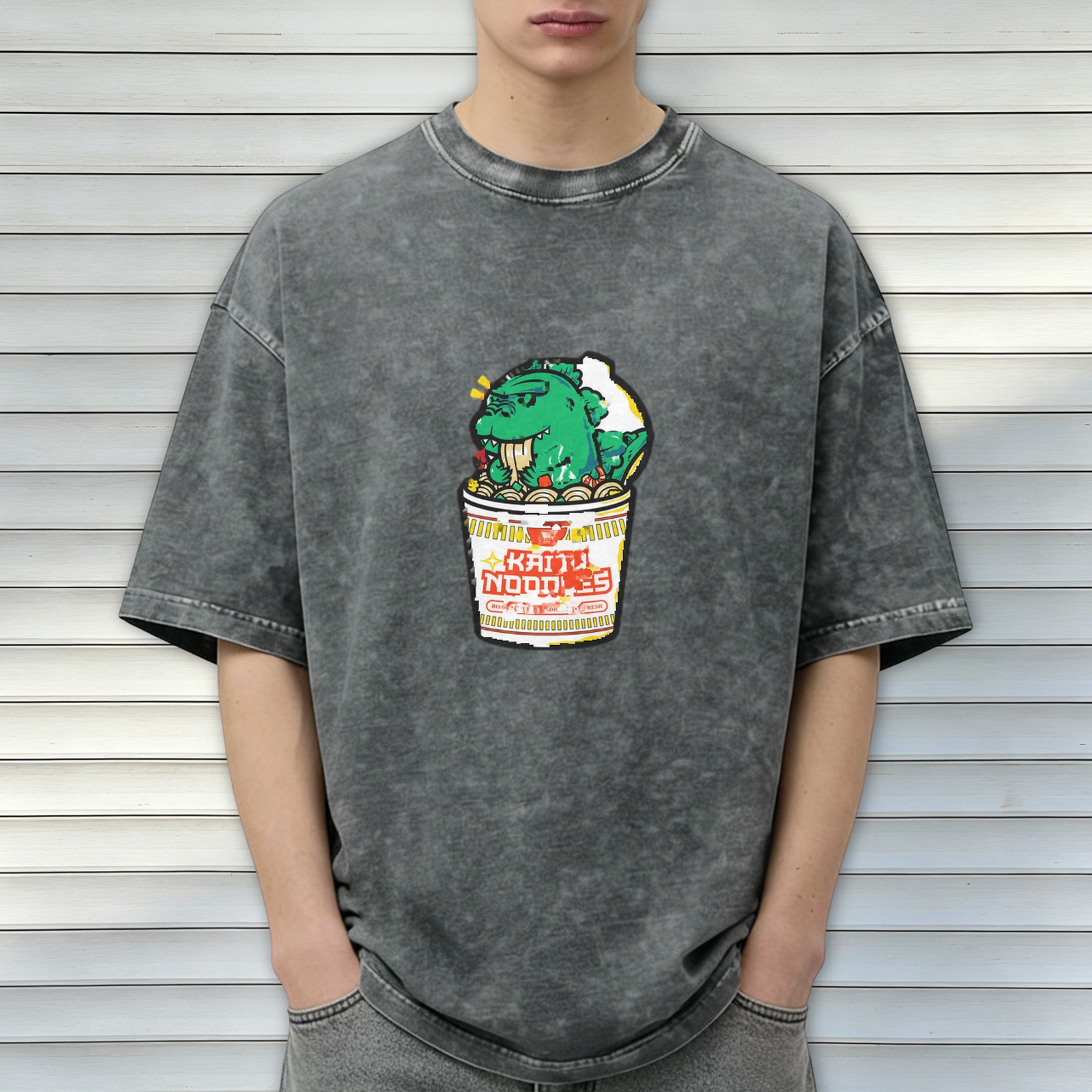 Washed Black T-Shirt with Kaiju Noodles Cup Monster Graphic