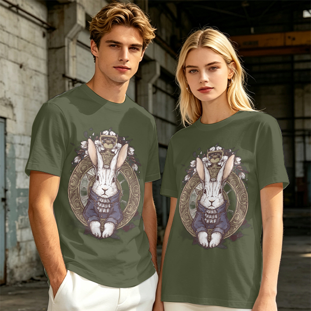 Olive T-Shirt With Steampunk White Rabbit Pocket Watch Art