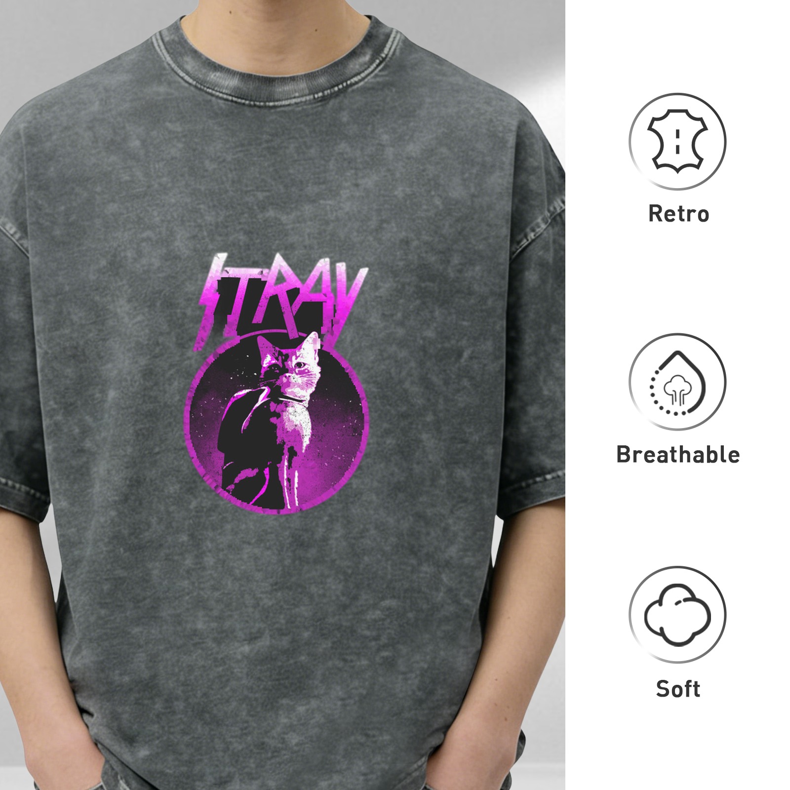 Stray Game Cat Graphic Acid Wash Black T-Shirt