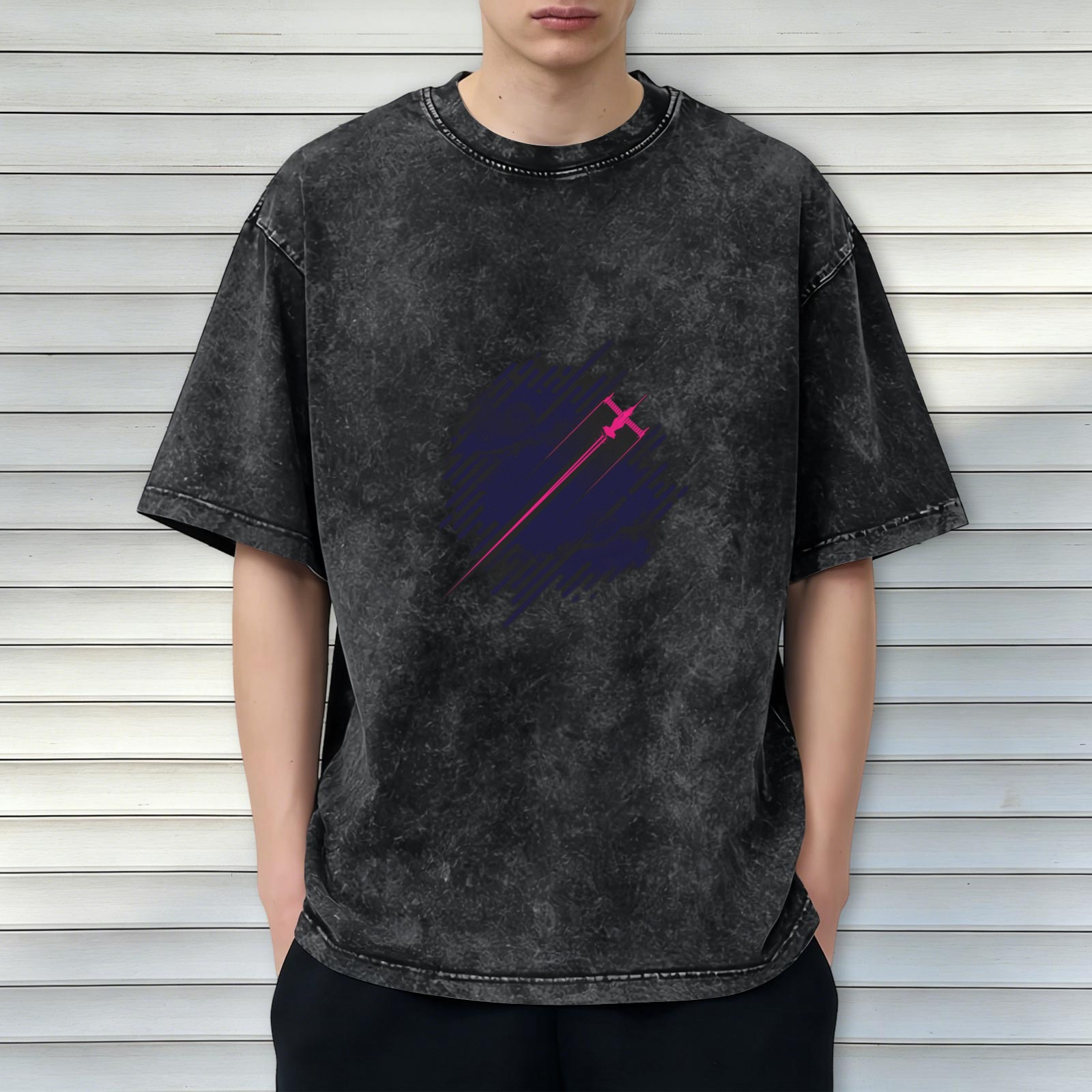 Distressed washed black loose short-sleeved T-shirt with pink and purple fighter print